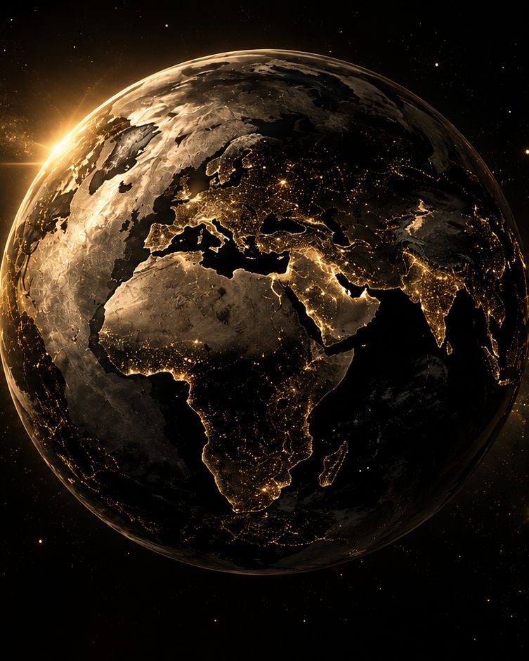 Die Erde bei Nacht mit leuchtenden Städten in Europa und Afrika